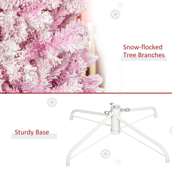 English Elm Homcom 7.5' Tall Slim Pencil Pink Snow Flocked Christmas Tree - Realistic Pine, Easy Setup & Customizable W2225P229660