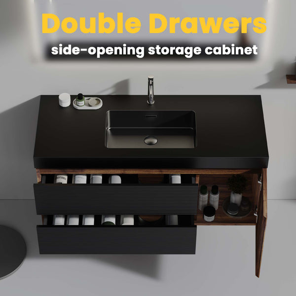 English Elm Grace 48" Walnut Floating Bathroom Vanity With Matte Black Sink, Soft-Close Drawers & Eco-Friendly Design W1865P281503