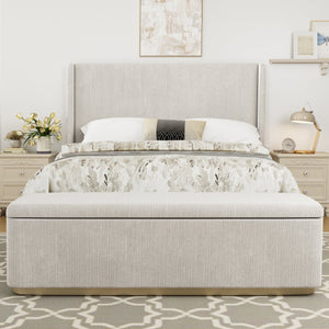 English Elm Queen Corduroy Upholstered Bed with 130L Storage Ottoman, Vertical Stripe Wingback Headboard, Light Grey - Durable Metal Frame and Wooden Slats BS701P201393E