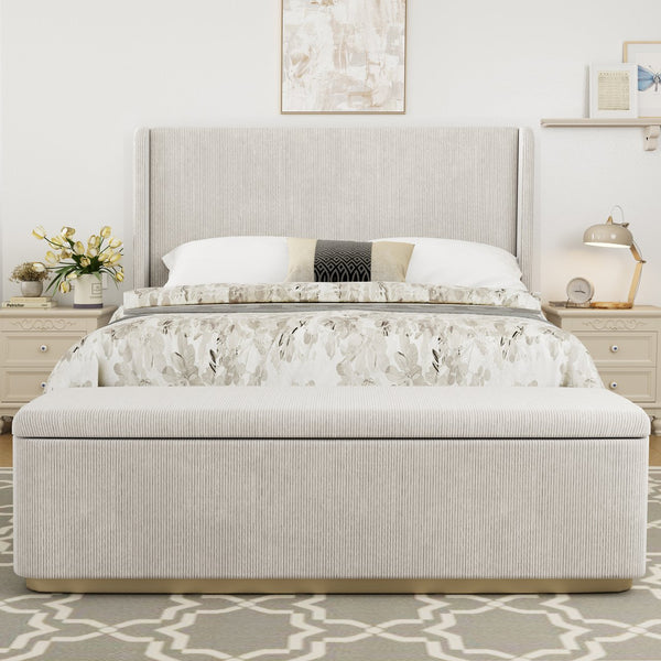 English Elm Queen Corduroy Upholstered Bed with 130L Storage Ottoman, Vertical Stripe Wingback Headboard, Light Grey - Durable Metal Frame and Wooden Slats BS701P201393E