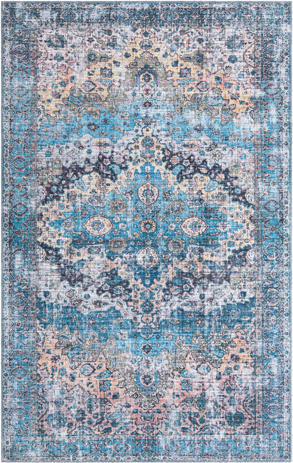 Unique Loom Mangata Mary Machine Made Border Rug Blue, Blue/Black/Beige/Ivory/Gray/Navy Blue/Peach/Turquoise 5' 11" x 9' 0"