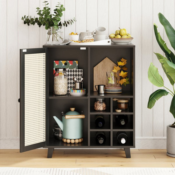 English Elm Rattan Cane Front Sideboard with Drawers Adjustable Shelf Bohemian Storage Cabinet Black T3623P434767
