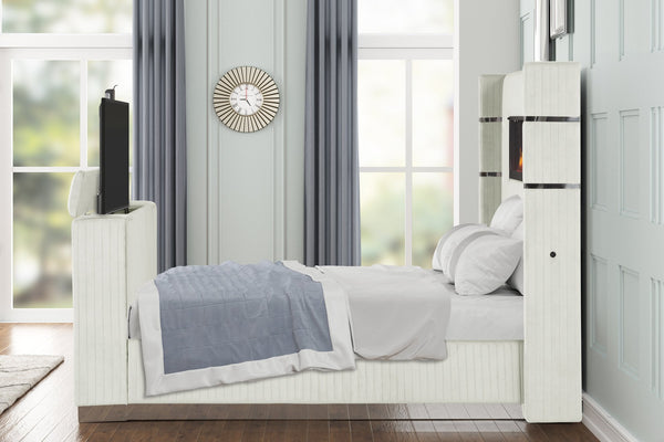 English Elm Lavish Queen Bed With Integrated Fireplace & Tv Stand - Elegant Beige Upholstery For Modern Living B009S01405