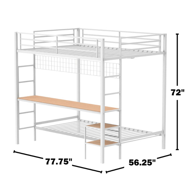 English Elm Metal Full Over Twin Bunk Bed with Built in Desk Powder Coated Steel Study Loft Matte White B016S00061