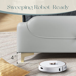 English Elm Christopher Knight Home® - King PU Leather Bed Frame with Wingback Headboard & Footboard, Gold Accents, Platform Slat Support, Elegant Design Grey 77.5 L x 21 W x 5.25 H N761S0000012E