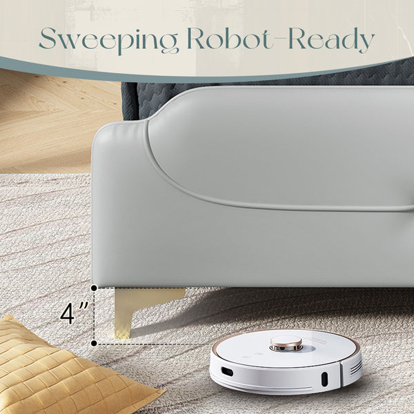 English Elm Christopher Knight Home® - King PU Leather Bed Frame with Wingback Headboard & Footboard, Gold Accents, Platform Slat Support, Elegant Design Grey 77.5 L x 21 W x 5.25 H N761S0000012E