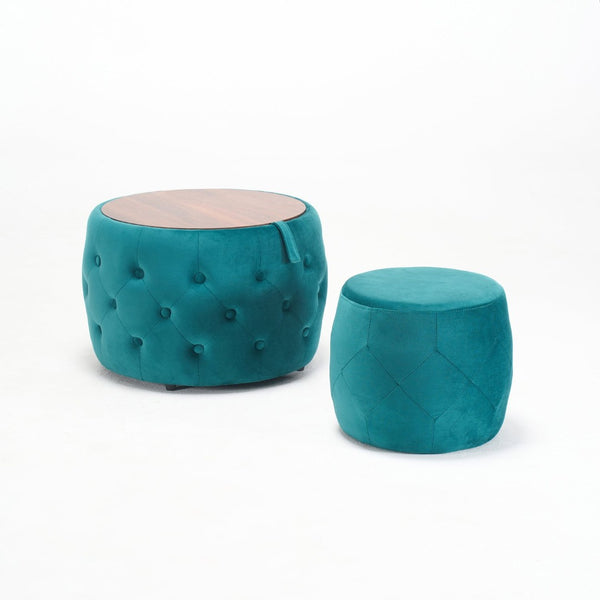 English Elm Ball Cast Round Nesting Ottoman Set Linen Upholstered Hidden Storage with Wooden Tray Blue W3163P379372