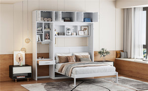 English Elm Queen Murphy Bed with Integrated Desk Cabinet Shelves Space Saving Studio Solution White N708S00021K-1
