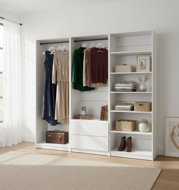 English Elm Prosper Freestanding White Walk-In Wood Closet System – Durable Melamine Oak Finish, Ample Modular Storage B040S00141
