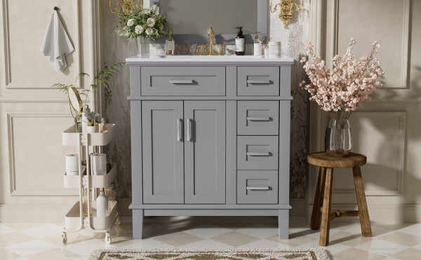 English Elm 30" Freestanding Bathroom Vanity Ceramic Sink Soft Close Cabinet Gray Wood Frame Grey N729P427118E