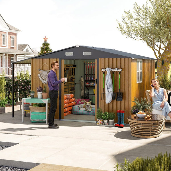 English Elm 10x12 Ft Galvanized Steel Outdoor Shed Dual Zone Lockable Sliding Doors Backyard Storage Yellow W1598S00033