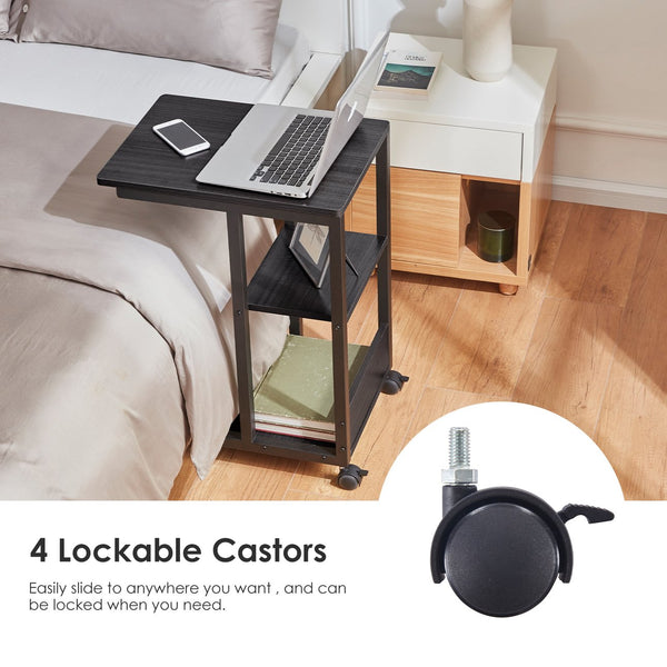 English Elm Shaped End Table with Lockable Wheels and Two-Tier Storage — C-Shape Rolling Side Table for Sofa Black,Oak T3623P409437