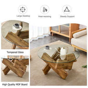 English Elm Circular glass coffee table 33.4" Modern round tempered glass top with wood MDF legs, 130 lb capacity, easy assembly W1151P143350
