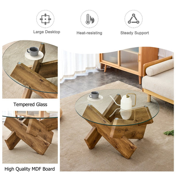English Elm Circular glass coffee table 33.4" Modern round tempered glass top with wood MDF legs, 130 lb capacity, easy assembly W1151P143350