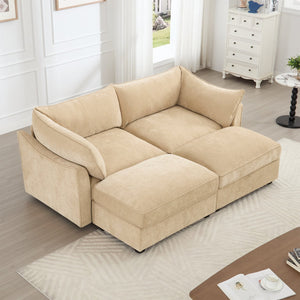 English Elm 2-Seater Sofa With 2 Movable Footstools, Stylish Chenille Fabric, Wheat Color & Hidden Storage Drawers W3041S00174