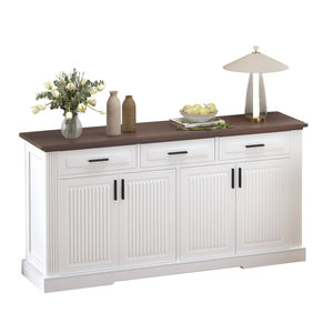 English Elm 63" Fluted Mdf Sideboard with Wood Tone Top Four Doors Three Drawers Dining Storage White W2917S00011
