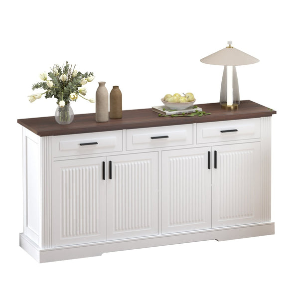 English Elm 63" Fluted Mdf Sideboard with Wood Tone Top Four Doors Three Drawers Dining Storage White W2917S00011