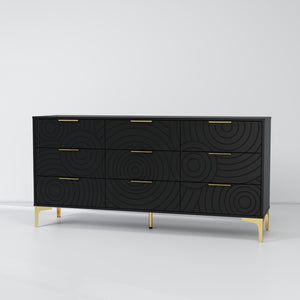 English Elm Modern Nine Drawer Wooden Dresser Wide Storage Chest for Bedroom or Entryway Black B2770P494672