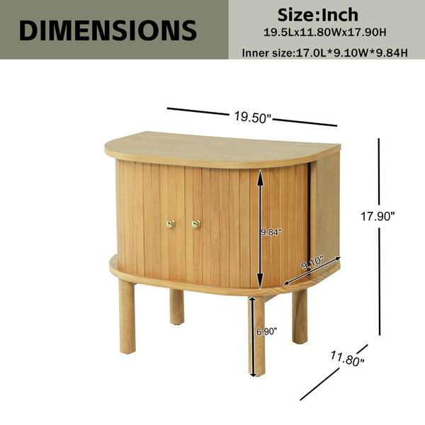 English Elm Semi-cylindrical Solid Wood Nightstand with Slatted Doors and Brass Knobs for Bedroom N758P389137N
