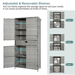 English Elm K&k Tall Arched Pe Rattan Outdoor Storage Cabinet with Adjustable Shelves and Steel Frame Grey N707P420102G