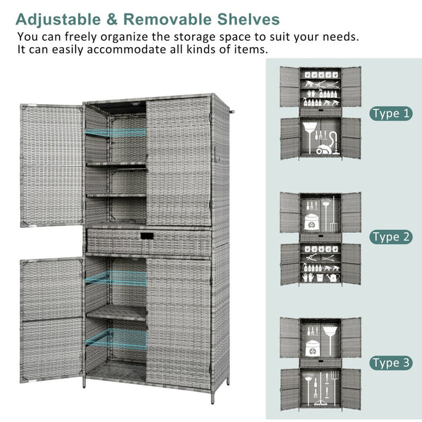 English Elm K&k Tall Arched Pe Rattan Outdoor Storage Cabinet with Adjustable Shelves and Steel Frame Grey N707P420102G