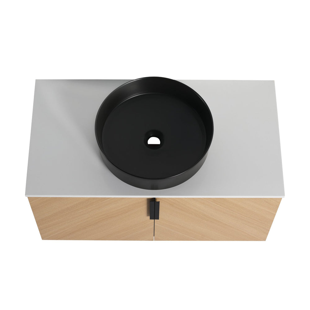 English Elm 36" Bathroom Vanity With Ceramic Vessel Sink & White Stone Top - Modern Wall-Mounted Design, Soft-Close Doors W999S00449