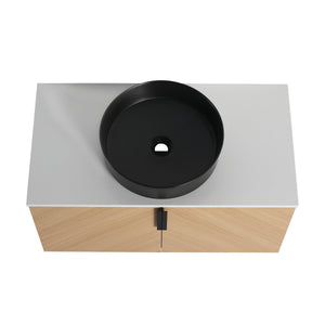 English Elm 36" Bathroom Vanity With Ceramic Vessel Sink & White Stone Top - Modern Wall-Mounted Design, Soft-Close Doors W999S00449