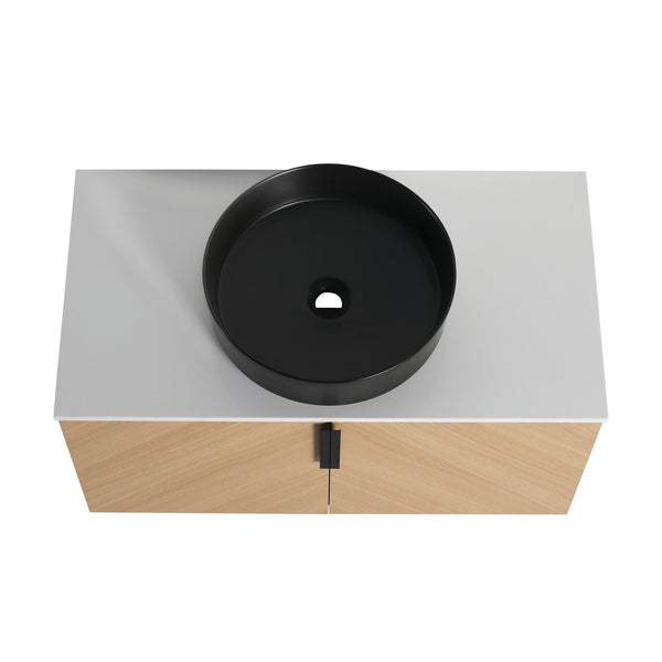 English Elm 36" Bathroom Vanity With Ceramic Vessel Sink & White Stone Top - Modern Wall-Mounted Design, Soft-Close Doors W999S00449