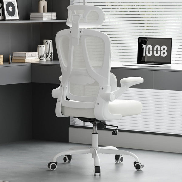 English Elm Ergonomic Mesh High Back Desk Chair with Lumbar Support Flip up Arms and Headrest Beige,White T3623P434269