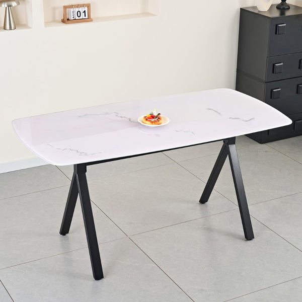 English Elm Modern-style Marble Glass Dining Table Seats Six with Sleek Black Metal Legs W5123P397512