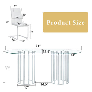 English Elm Table and Chair Set Oval Glass Top Twin Column Base with Six Pu Leather Seats Silver,Transparent,White W1151S04738