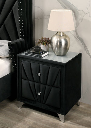 English Elm Fully Upholstered Frame nightstand with crystal-style knobs, glass top and chrome rhombus feet, luxe bedside statement piece Black 29 L x 20 W x 25 H B011P321010