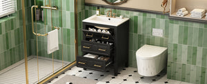 English Elm 24'' Bathroom Vanity with Ceramic Sink and 3 Drawers Retro Solid Wood Frame Freestanding Storage Black N710P371184B