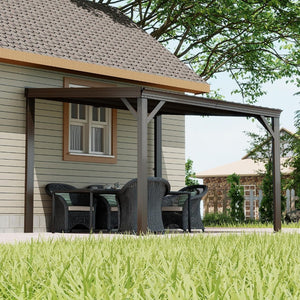 English Elm 8' 8 Ft Hardtop Lean to Pergola with Galvanized Steel Roof and Drainage for Patio Deck Brown W1859S00192