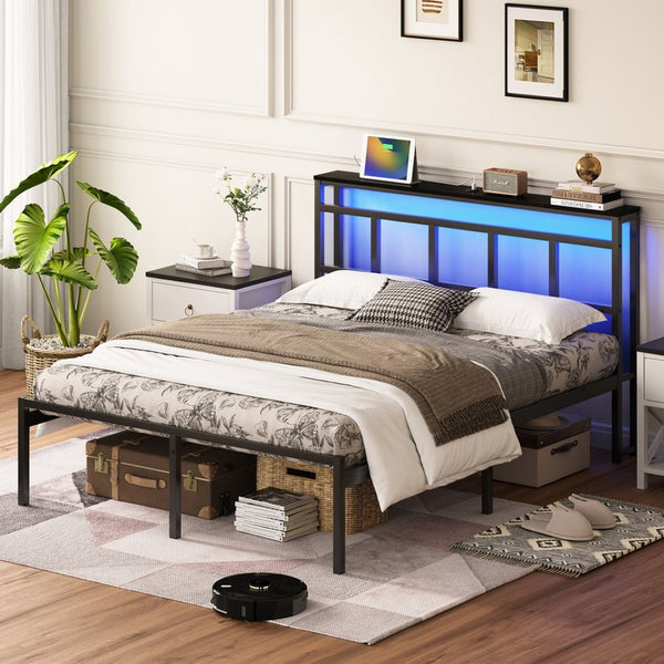 English Elm 14 Inch Twin Platform Bed Walnut Headboard Led Lighting Usb Charging Storage Shelf W1670P420448