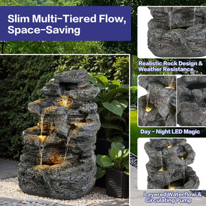 English Elm Christopher Knight Home® - 5-Tiered Concrete Fountain Slim Column with LED Lighting, Weather-Resistant Modern Garden Accent, Space-Saving 디자인 N765P324556G