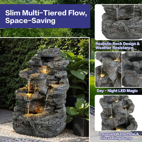English Elm Christopher Knight Home® - 5-Tiered Concrete Fountain Slim Column with LED Lighting, Weather-Resistant Modern Garden Accent, Space-Saving 디자인 N765P324556G