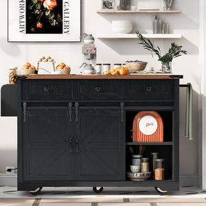 English Elm K&K 53.7" Farmhouse Kitchen Island with Drop Leaf, Sliding Barn Doors, Built-In Power & Wheels Black N707P170347B