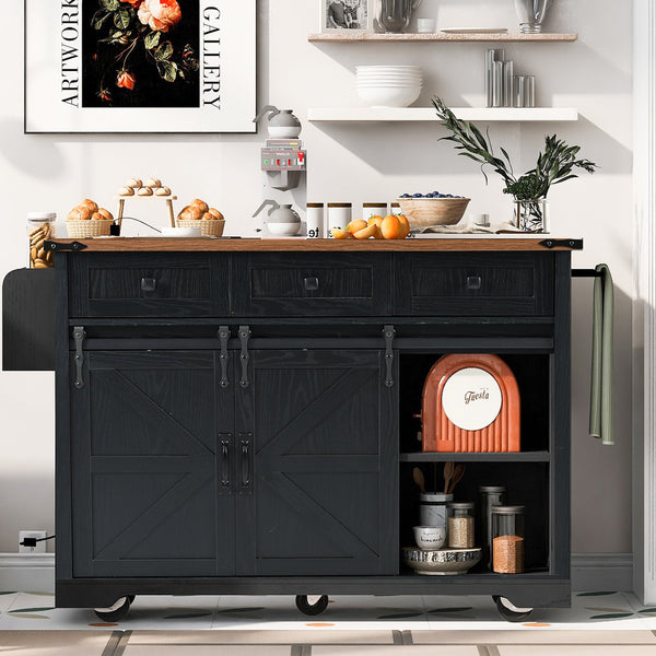 English Elm K&K 53.7" Farmhouse Kitchen Island with Drop Leaf, Sliding Barn Doors, Built-In Power & Wheels Black N707P170347B