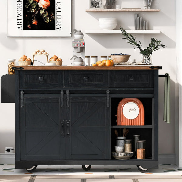 English Elm K&k Farmhouse Rolling Kitchen Island with Drop Leaf Power Outlets and Storage Cabinet Black N707S170347B
