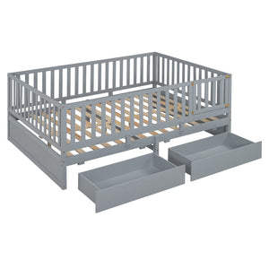 English Elm Full Size Pinewood Kids Daybed with Fence Rails Split Floor Bed and Storage Drawers Gray LP100882AAE