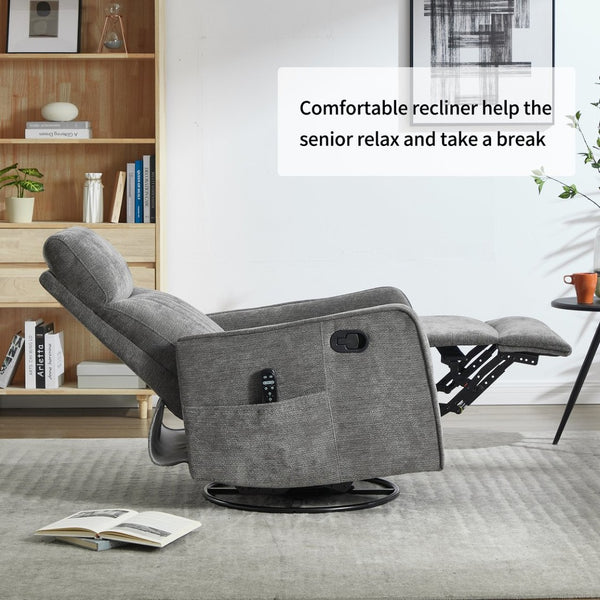 English Elm Blue Fabric Swivel Rocker Recliner with Massage Heat Nodes for Living Room Comfort Dark Gray W1803P321841