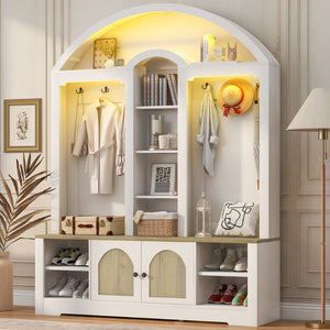 English Elm Multi-functional Hall Tree with Mdf Body Open Shelves Hooks and Scandinavian Two-tone Style White+Walnut SJ000158AAK