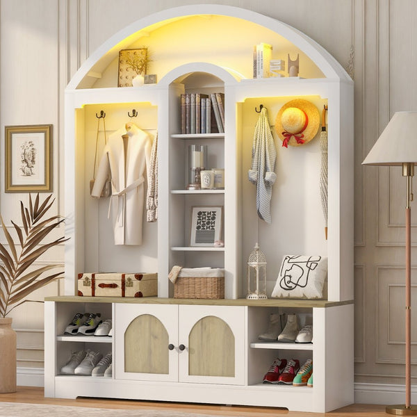 English Elm Multi-functional Hall Tree with Mdf Body Open Shelves Hooks and Scandinavian Two-tone Style White+Walnut SJ000158AAK