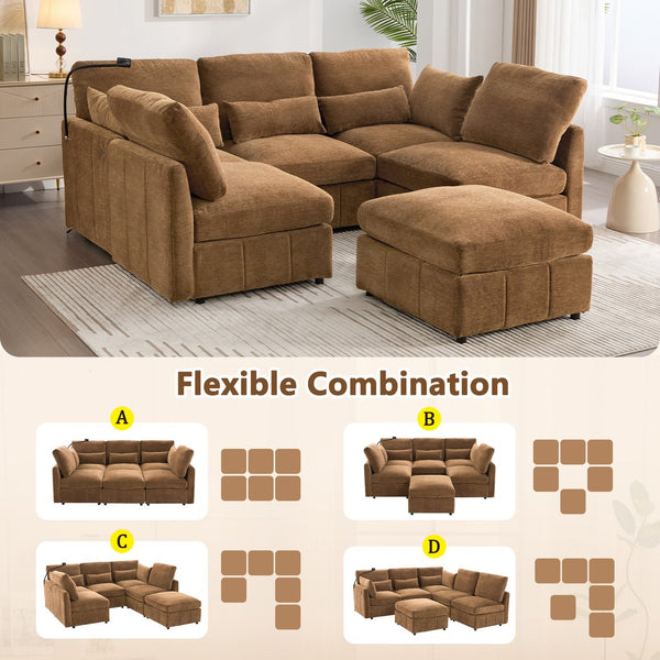 English Elm Modern Sectional Sofa: Versatile Modular Couch With Ottoman, Usb Ports & Phone Holder For Living Room N719S002050D