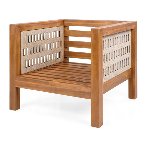 English Elm Acacia Wood Outdoor Lounge Chair with Wicker Arms Teak Finish Patio Seating N779P359687B