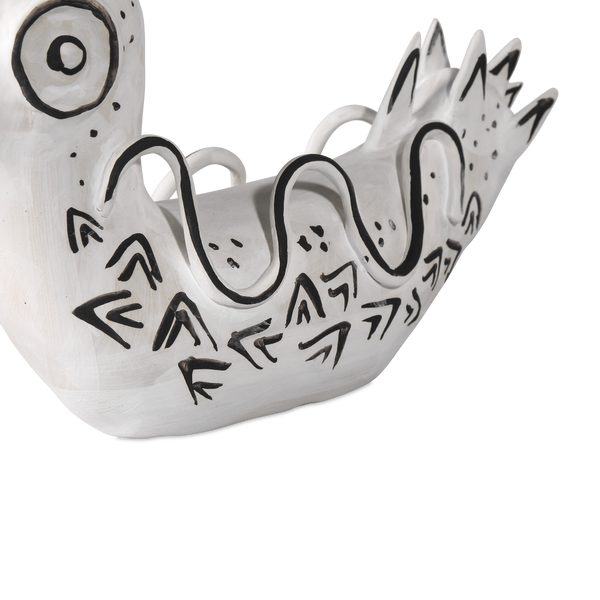 Eunice the Duck: Artistic Porcelain Vessel in Washed White with Black Details for Modern Spaces