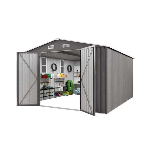 English Elm 10x12ft Galvanized Steel Outdoor Storage Shed with Vented Windows and Lockable Doors W3213S00002