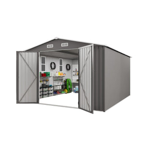 English Elm 10x12ft Galvanized Steel Outdoor Storage Shed with Vented Windows and Lockable Doors W3213S00008