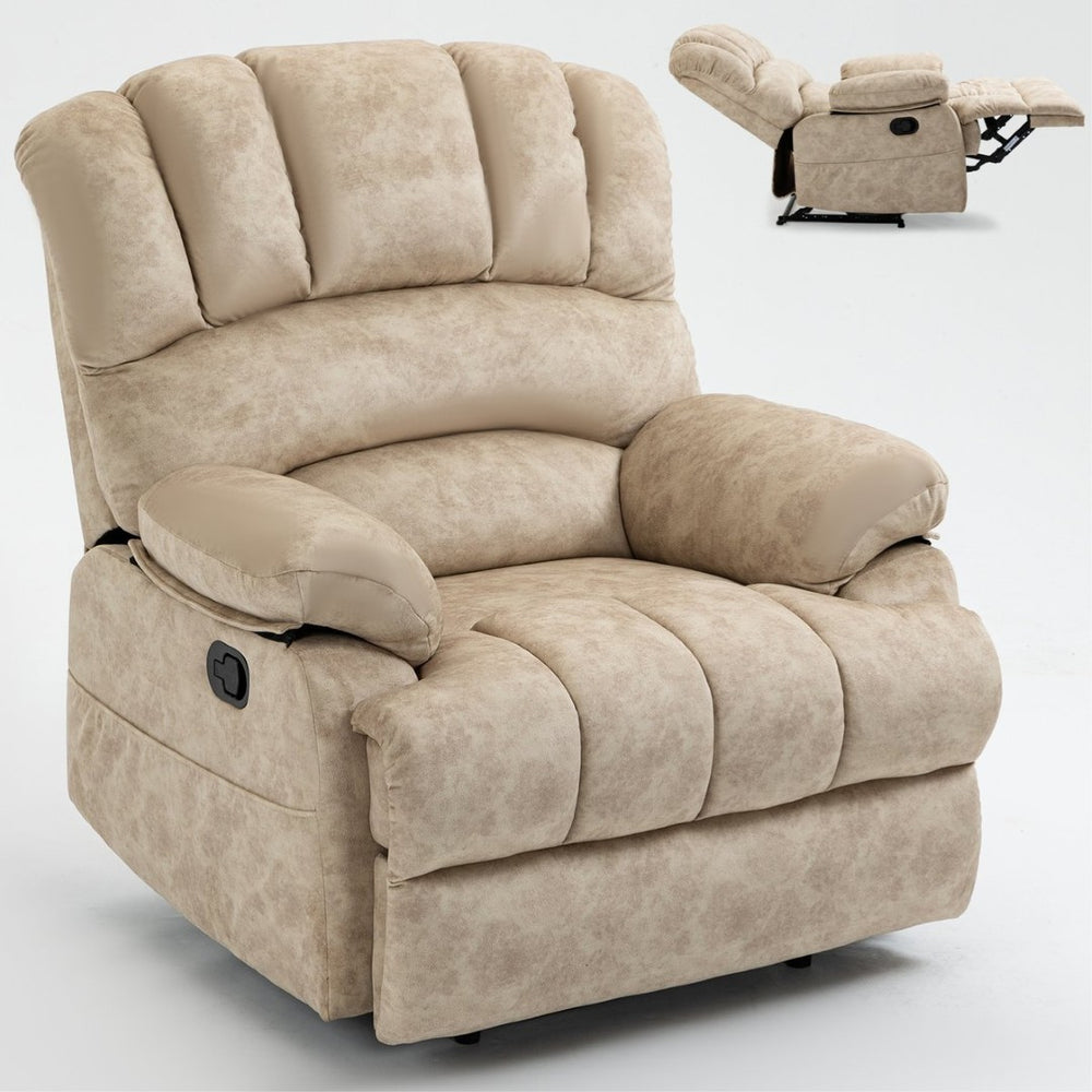 English Elm Large Oversized Manual Recliner Upholstered in Neutral Fabric for Relaxing Living Rooms Beige W3224P288517